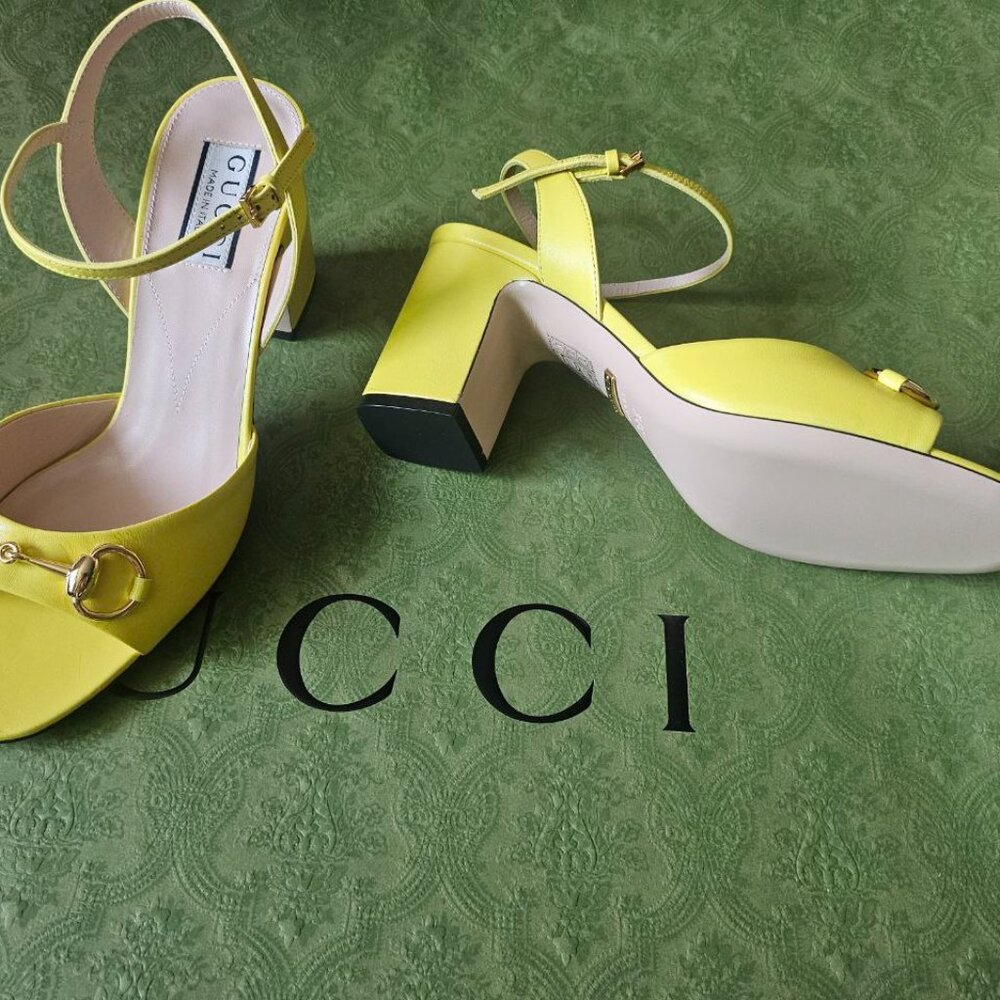 GUCCI Women's Mid-heel Sandal With Horsebit In Yellow size 37+ new - Picture 7 of 11